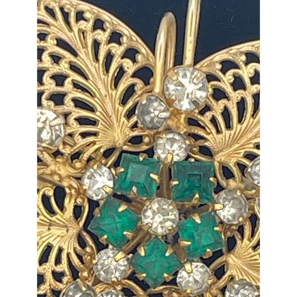 Vintage Gold Tone Brooch Pendant Star Flower Green and Clear Rhinestones 2" - Picture 3 of 11